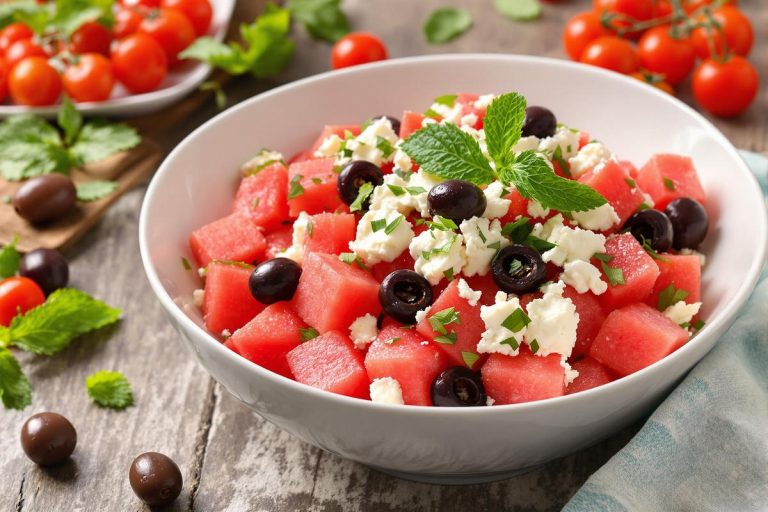 Le plat parfait à servir quand il fait chaud : un salade pastèque, feta, tomates cerise et olives !.jpg